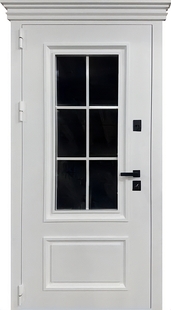 Остекленная уличная термодверь с карнизом, металлобагетом и белым полимерным покрытием