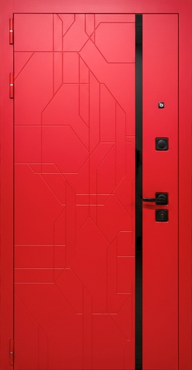 Современная металлическая дверь с панелями МДФ красного цвета (RAL 3028) и черной полосой