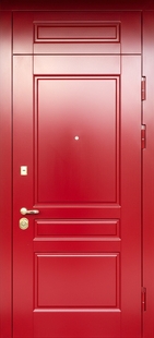 Металлическая дверь с верхней вставкой и окрашенными панелями МДФ (красный цвет RAL 3020)